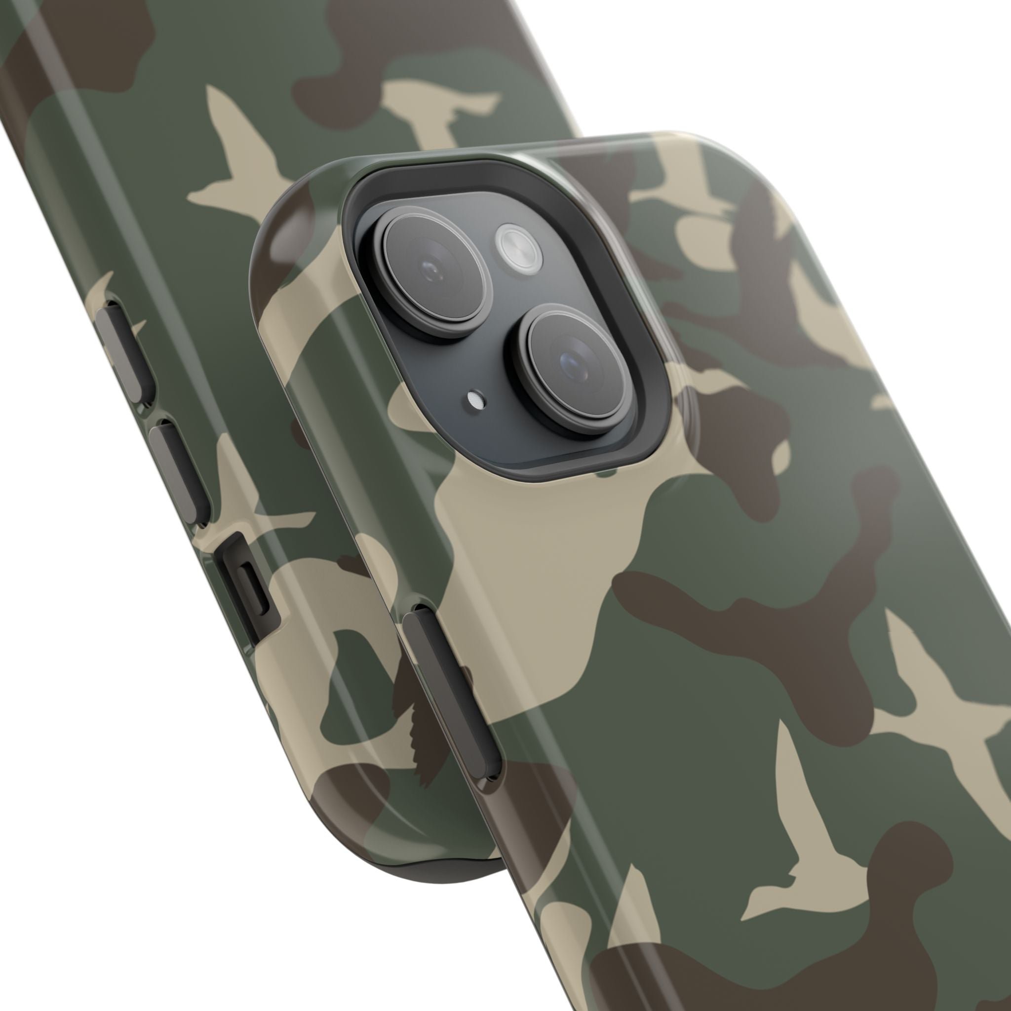 Duck Hunter Camo MagSafe iPhone Case close up on camera