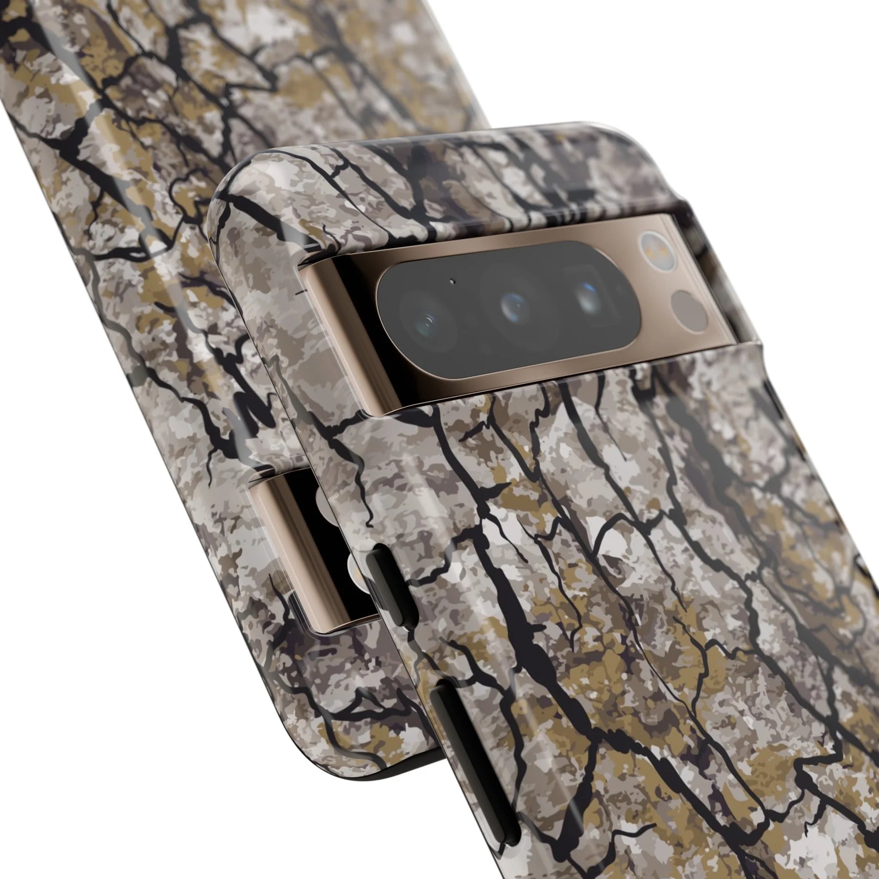 Alpha Tree Bark Camo Pixel Tough Case close up on camera