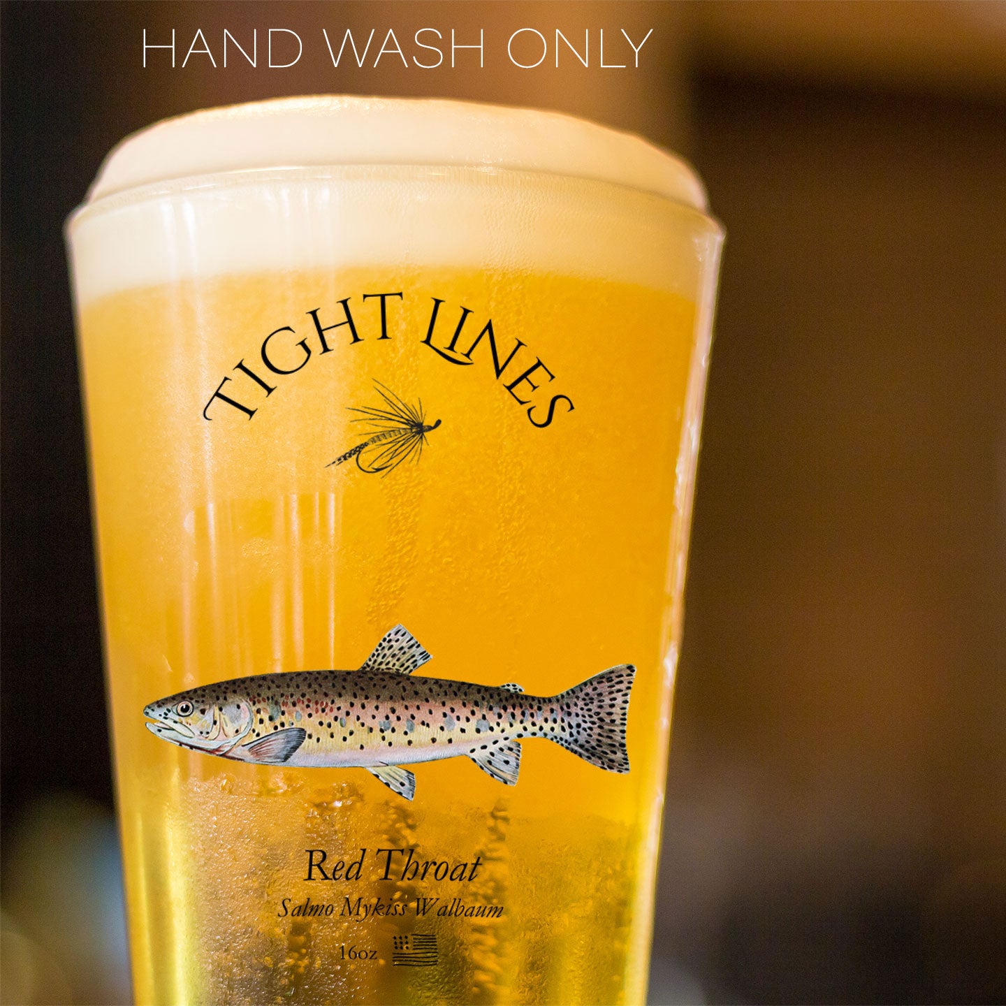 Tight Lines Red Throat Trout Pint Glass with beer