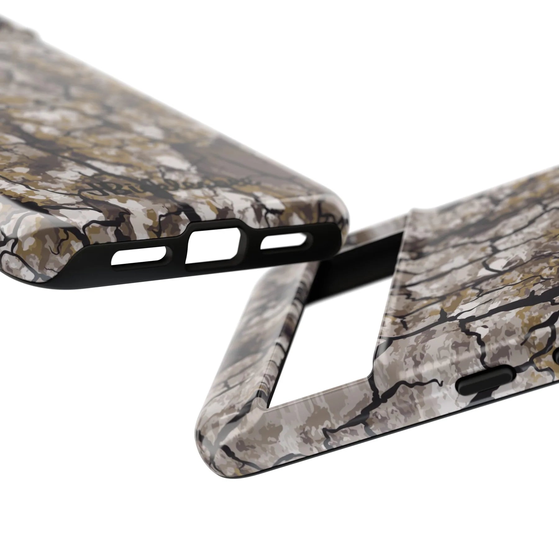 Alpha Tree Bark Camo Pixel Tough Case close up on the ports