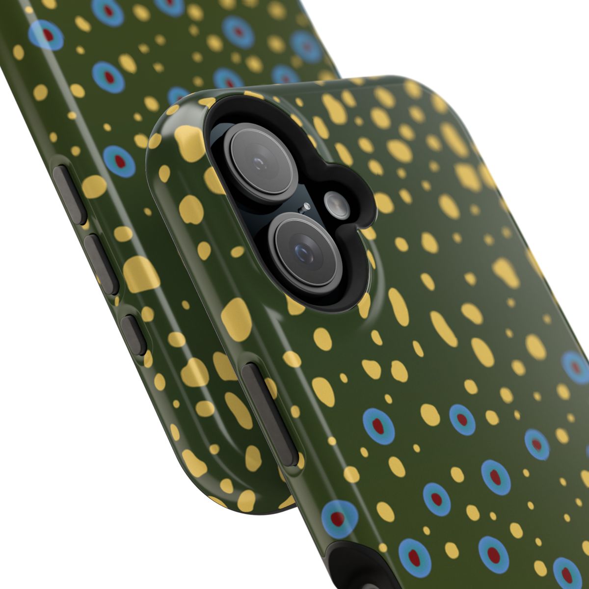 Brook Trout Pattern MagSafe iPhone Case close up on the camera