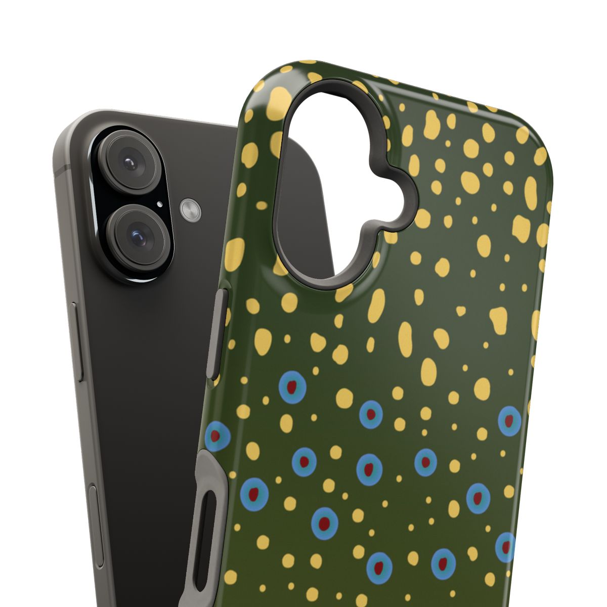 Brook Trout Pattern MagSafe iPhone Case close up on cover and phone