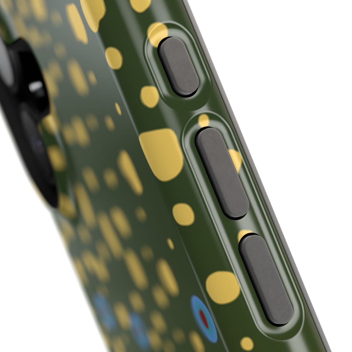 Brook Trout Pattern MagSafe iPhone Case buttons close up