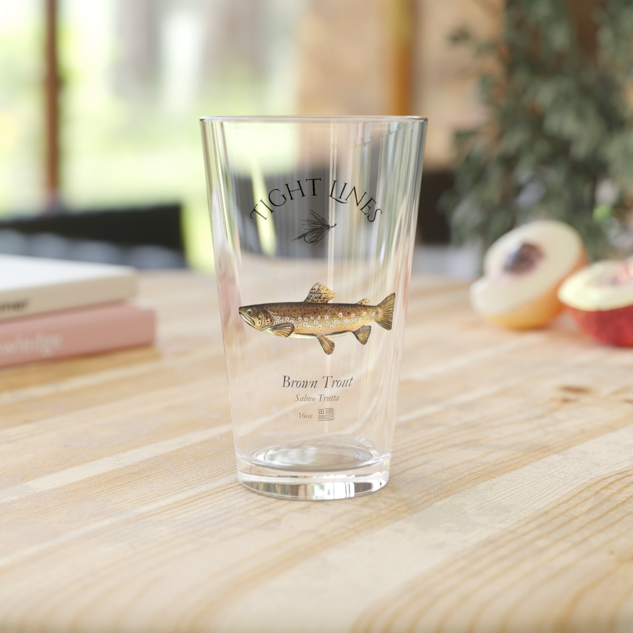 Brown Trout Pint Glass on counter