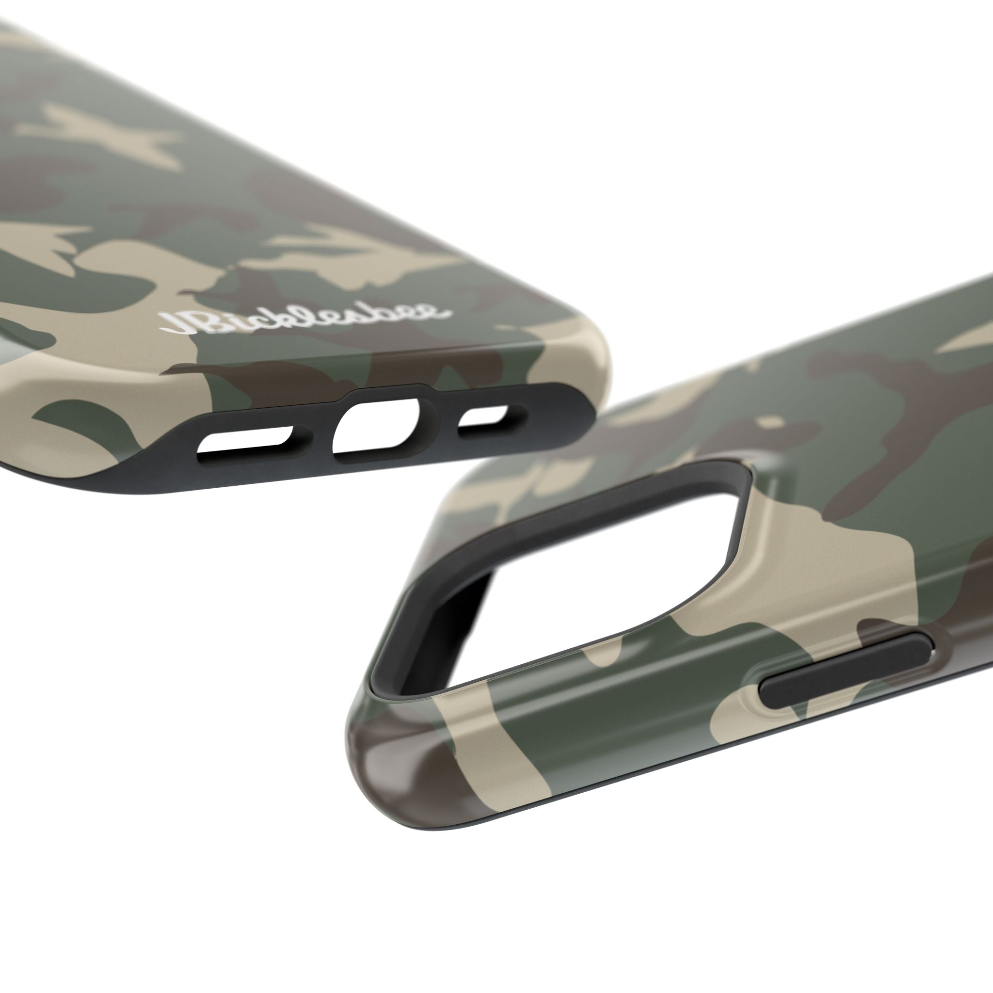 Duck Hunter Camo MagSafe iPhone Case close up on camera