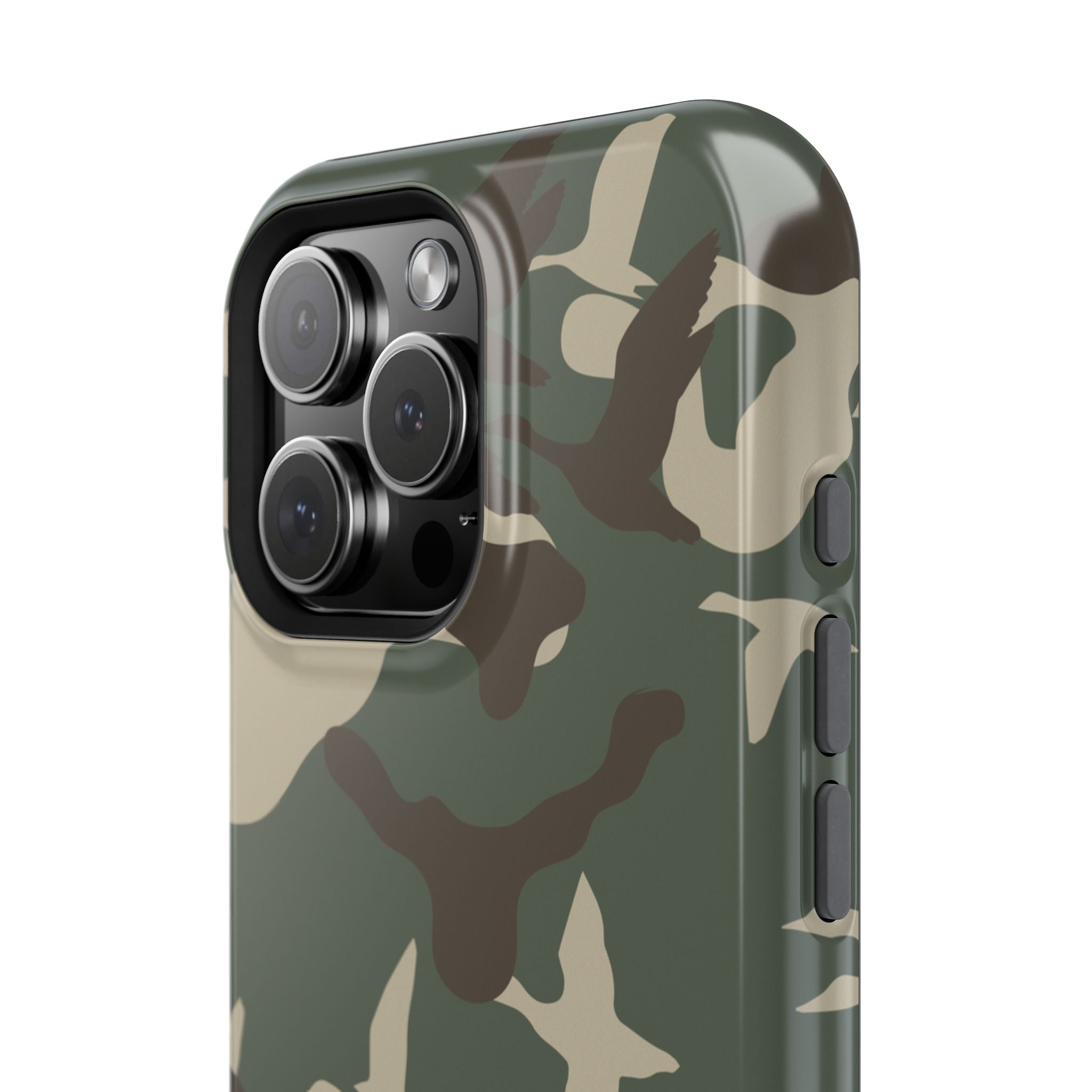 Duck Hunter Camo MagSafe iPhone Case close up on camera