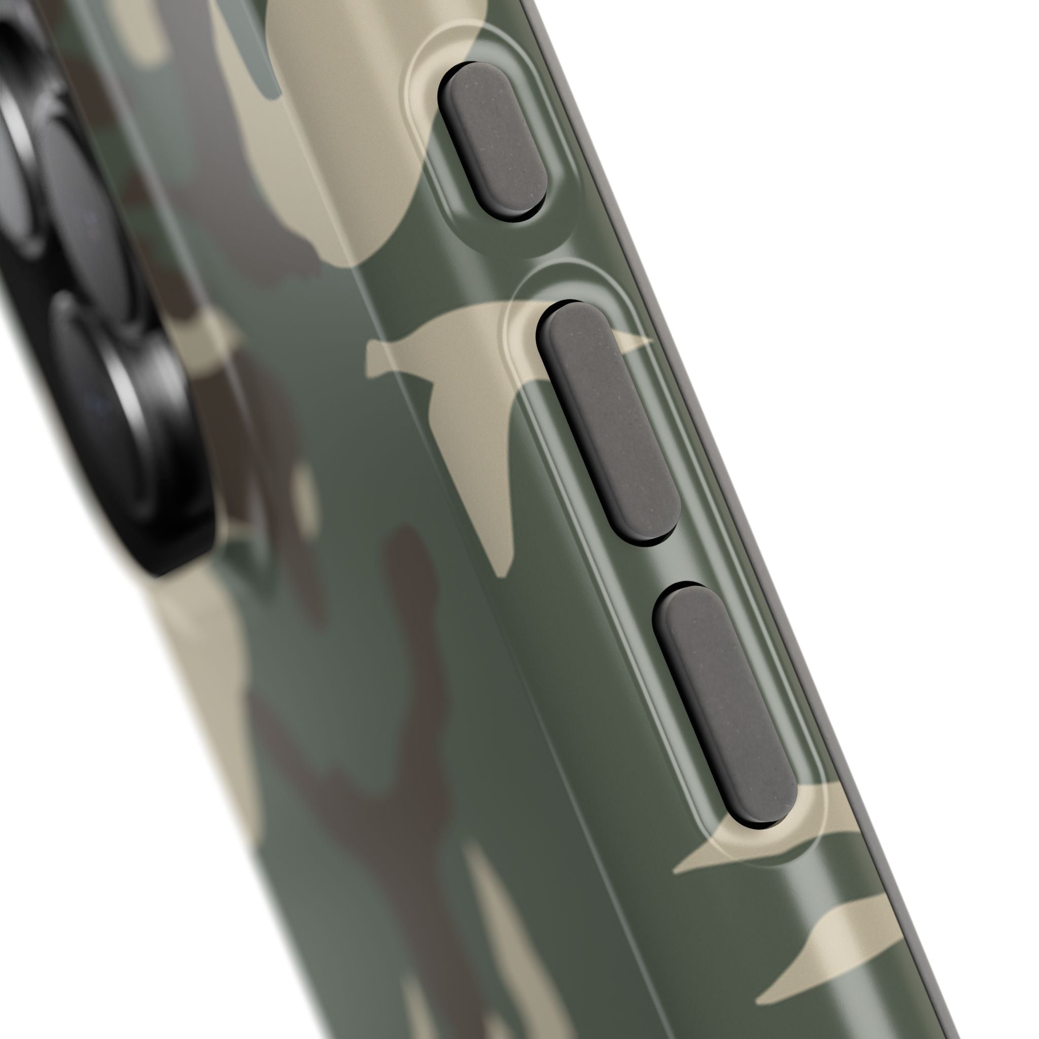 Duck Hunter Camo MagSafe iPhone Case close up on buttons