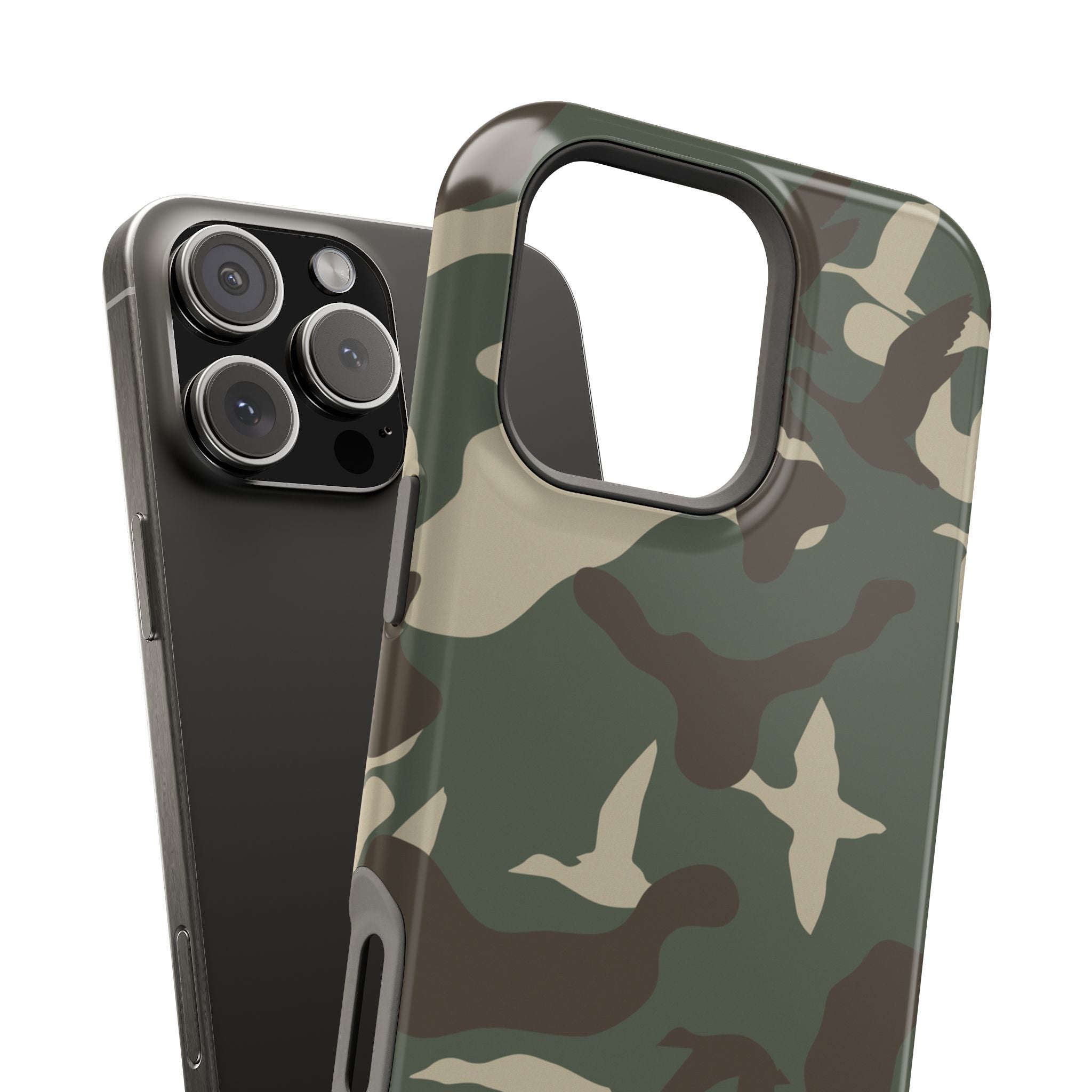 Duck Hunter Camo MagSafe iPhone Case close up on camera