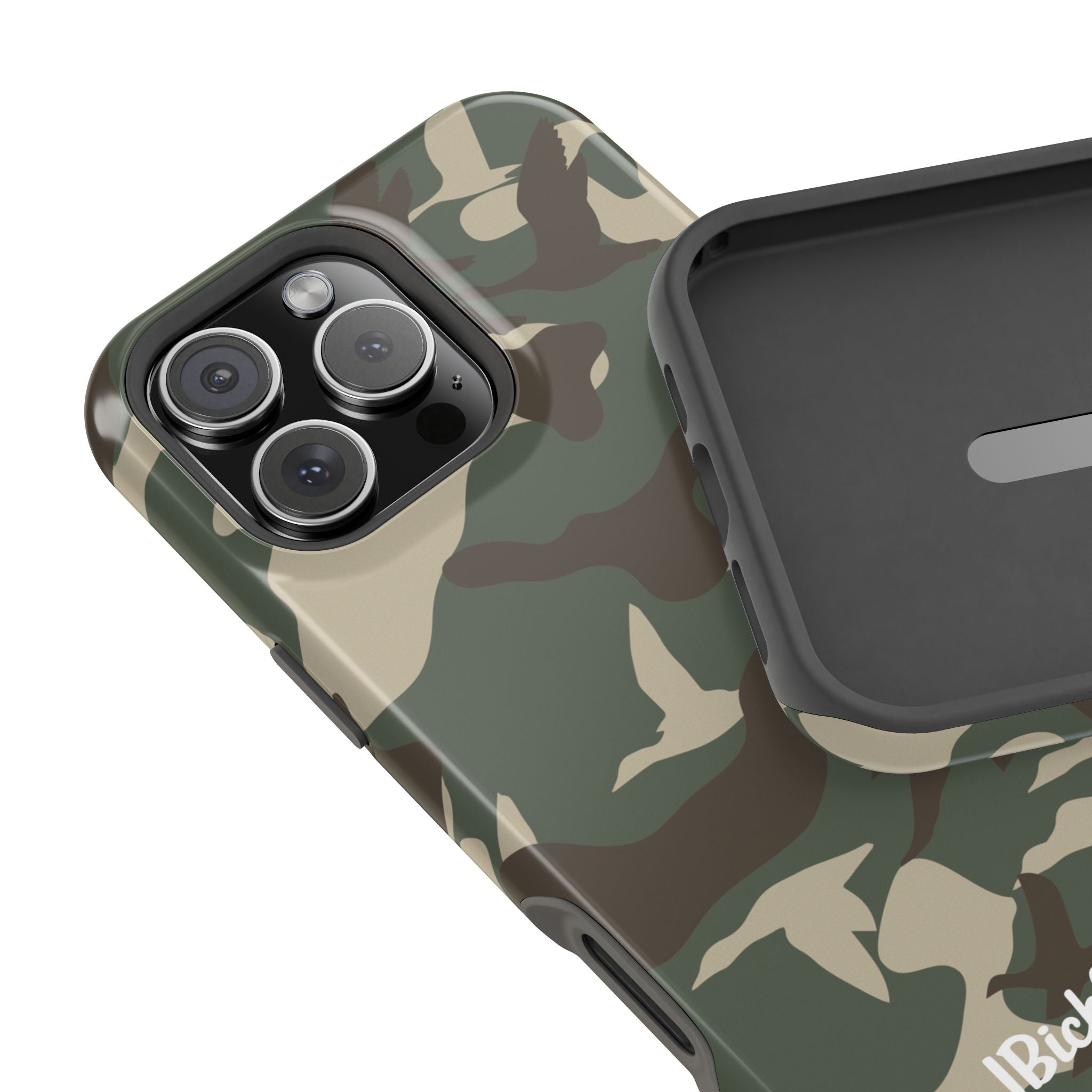 Duck Hunter Camo MagSafe iPhone Case close up on camera