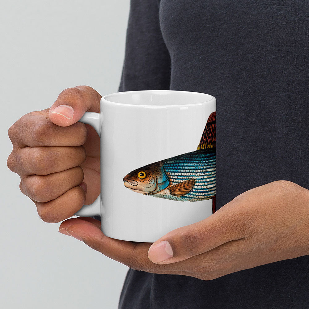 grayling trout coffee mug in hand