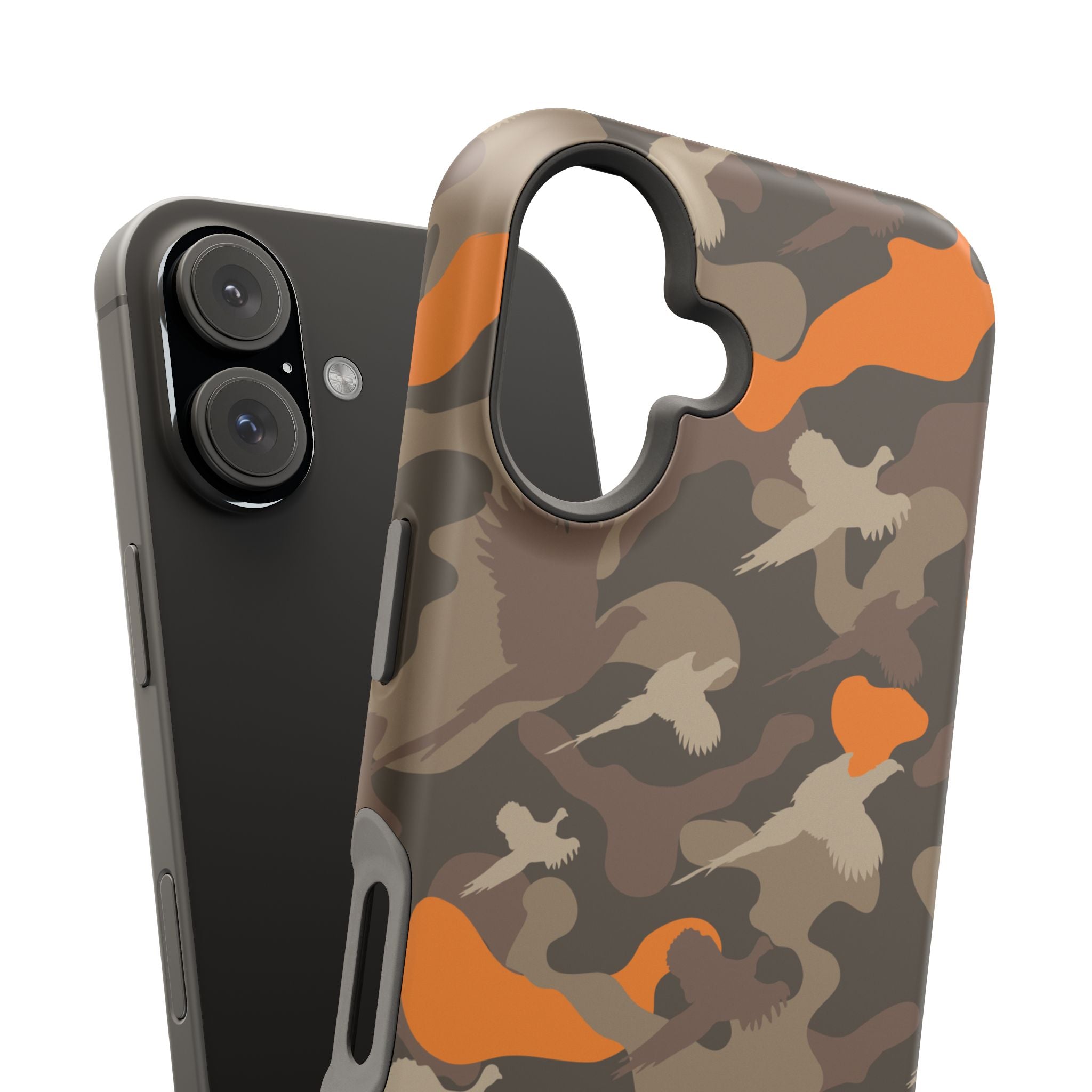 close up on camera and dettached pheasant hunter camo phone case