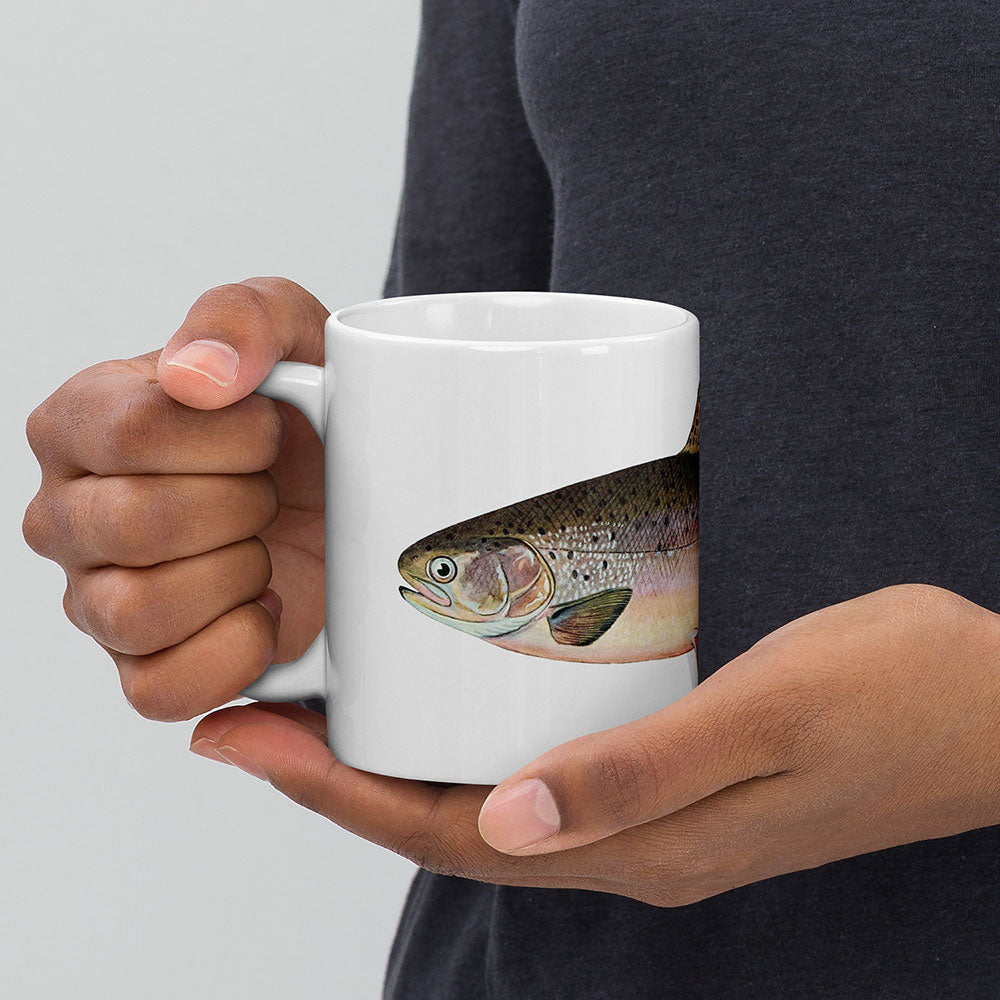rainbow trout coffee mug in hand