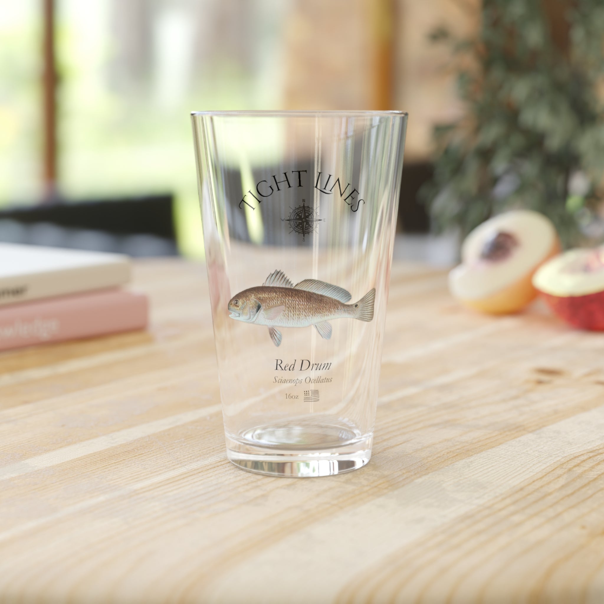 Red Drum Pint Glass on counter