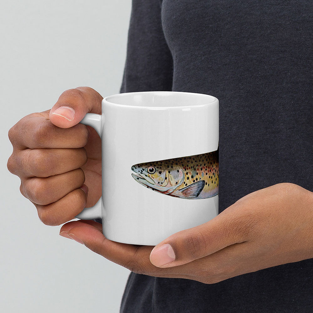 red throat trout coffee mug in hand