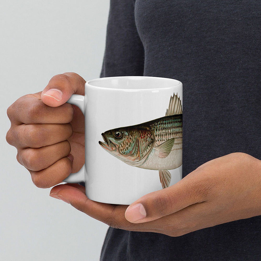 striped bass coffee mug in hand