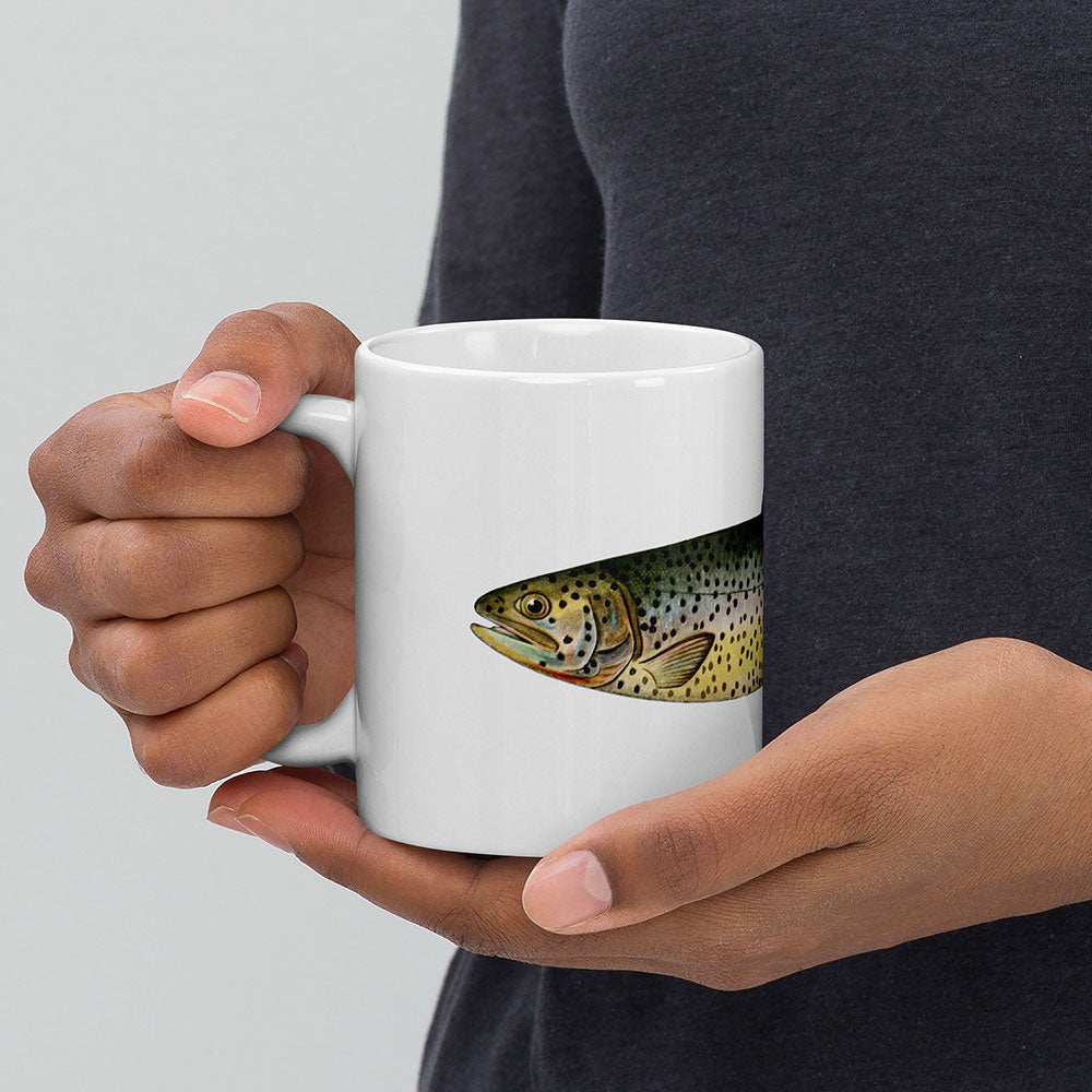 tahoe trout coffee mug in hand