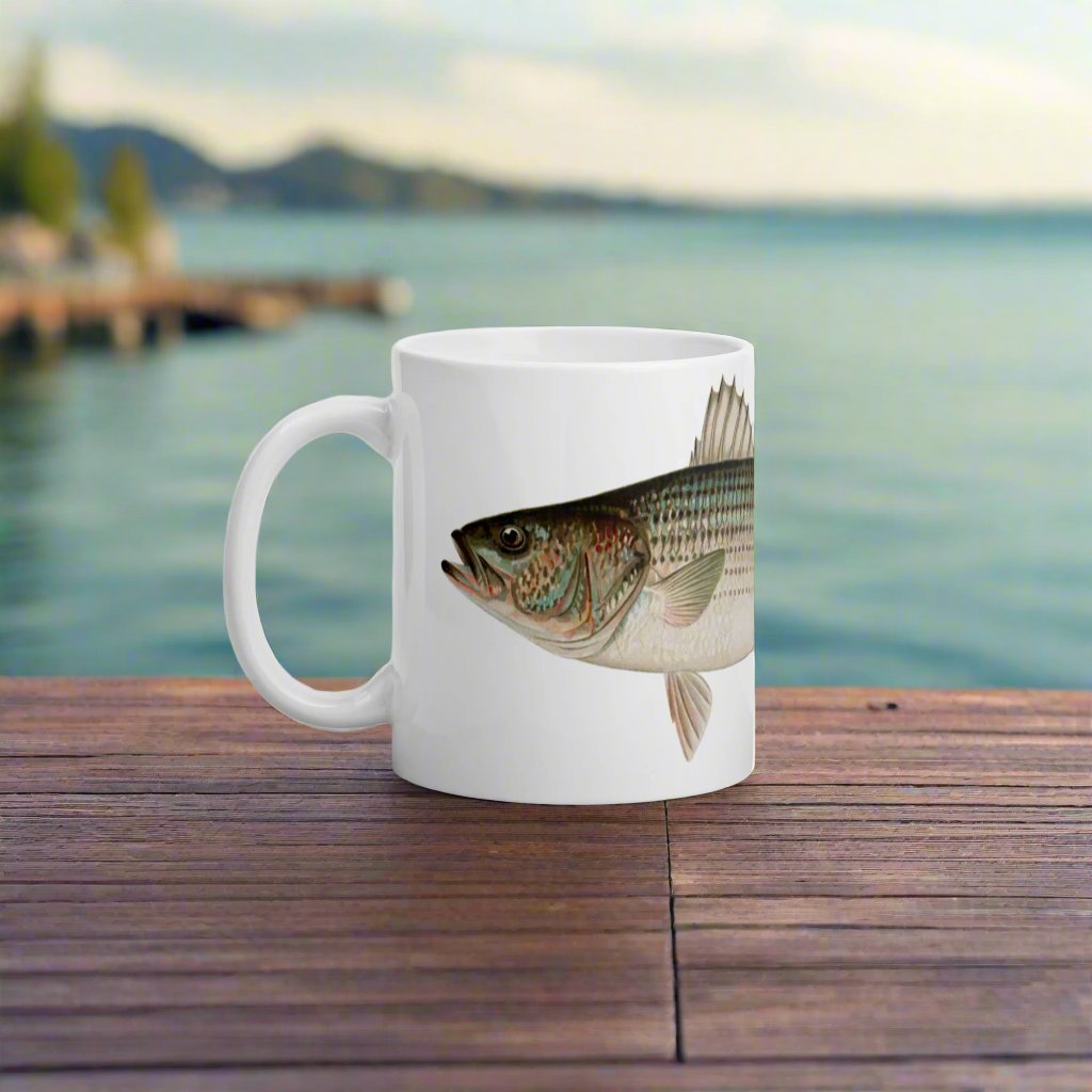 Sport Fishing Series Striped Bass Coffee Mug on cutting board