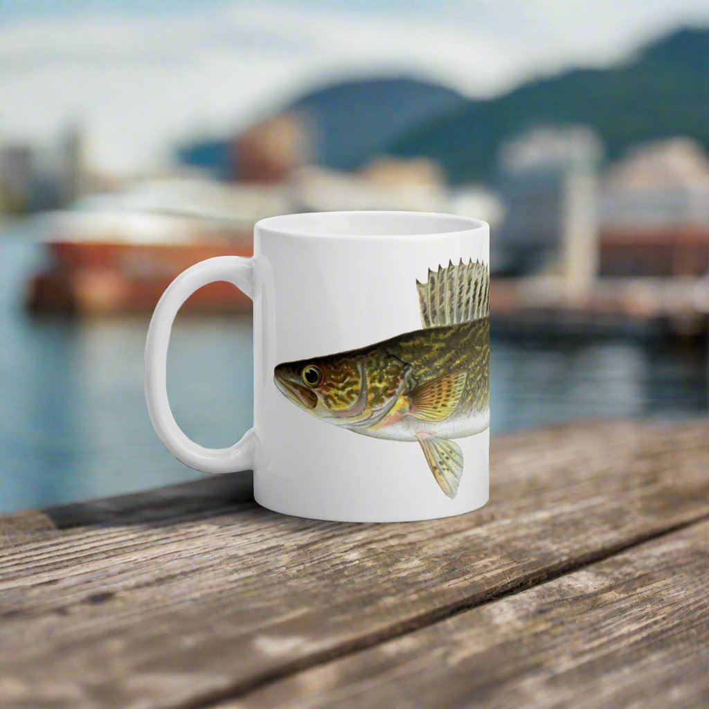 walleye coffee mug on a table